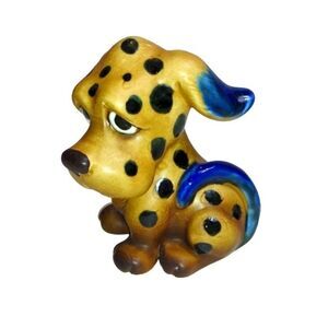 Small Ceramic Brown Spotted Dog with Blue Ears and Tail